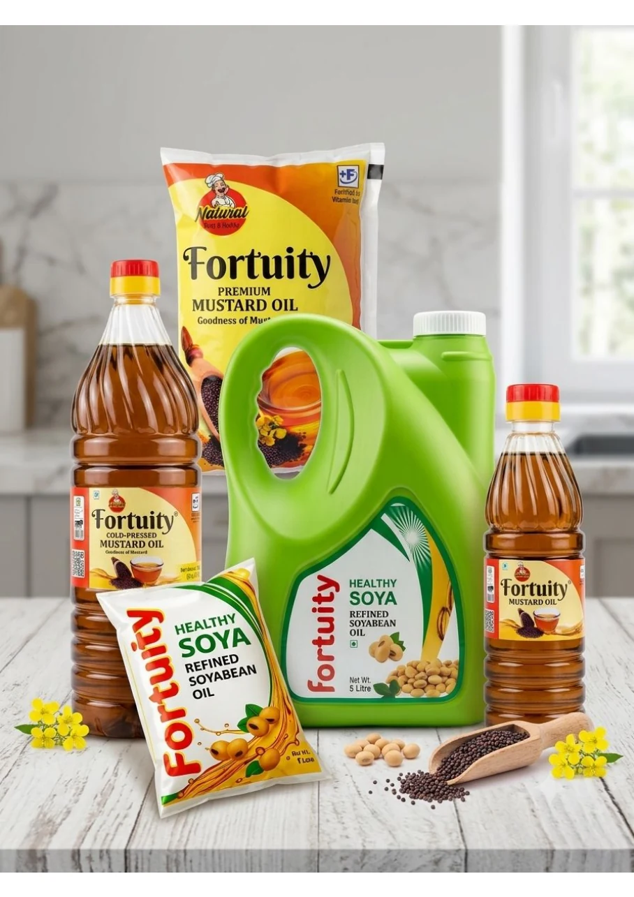 Fortuity mustard oil and refined soybean oil packs arranged in a kitchen